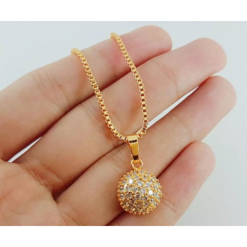 kalung set liontin bulat mangkok full permata perhiasan wanita fashion titanium gold