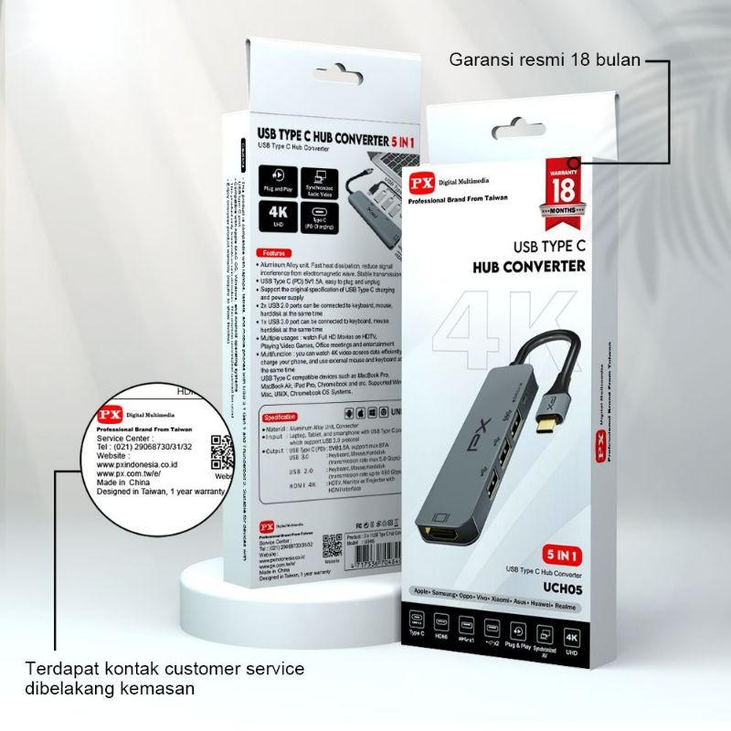Type C to HDMI Hub Converter Multiport 5 in 1 USB 3.0 4K HDMI PX UCH05