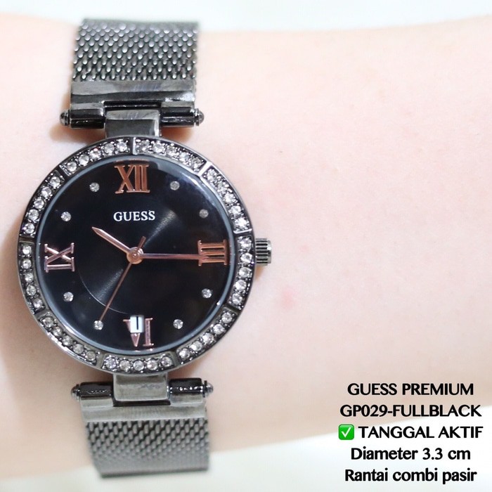 jam tangan wanita guess premium tanggal aktif rantai kombi pasir silver kualitas super GP028