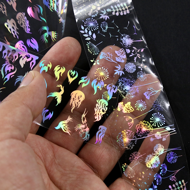 10 Lembar Stiker Kuku Pola Bambu Panda Dandelion Api Holografik Gradasi Langit Berbintang Untuk Dekorasi Manicure