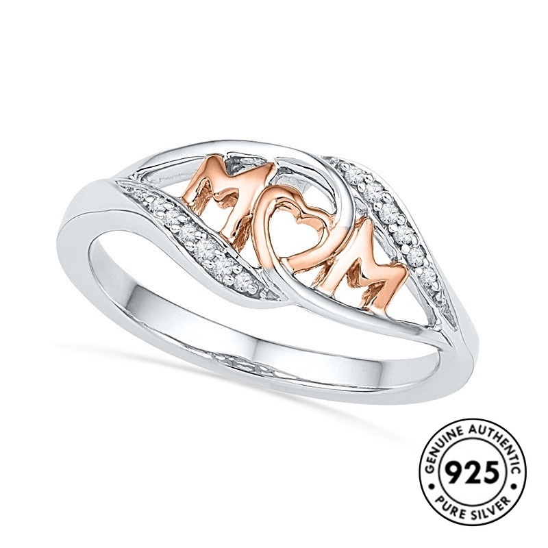 Cincin Desain Love Mom Bahan S925 Silver Plated Rose Gold Untuk Hadiah Hari Ibu