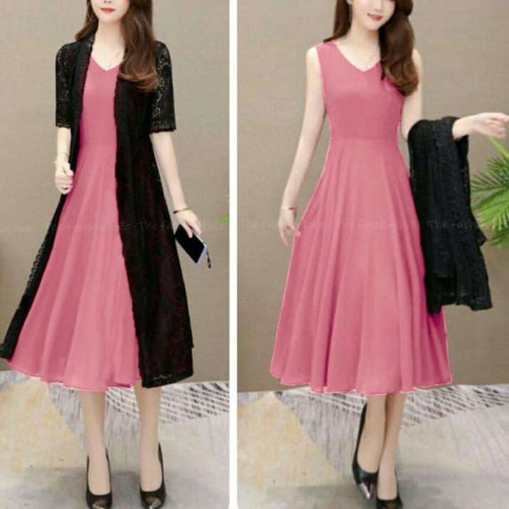 ✈ 2in1 set LOVITA vr dress brukat moscrepe dress fashion korea MIDI DRESS BROKAT CORNELI kekinian GA