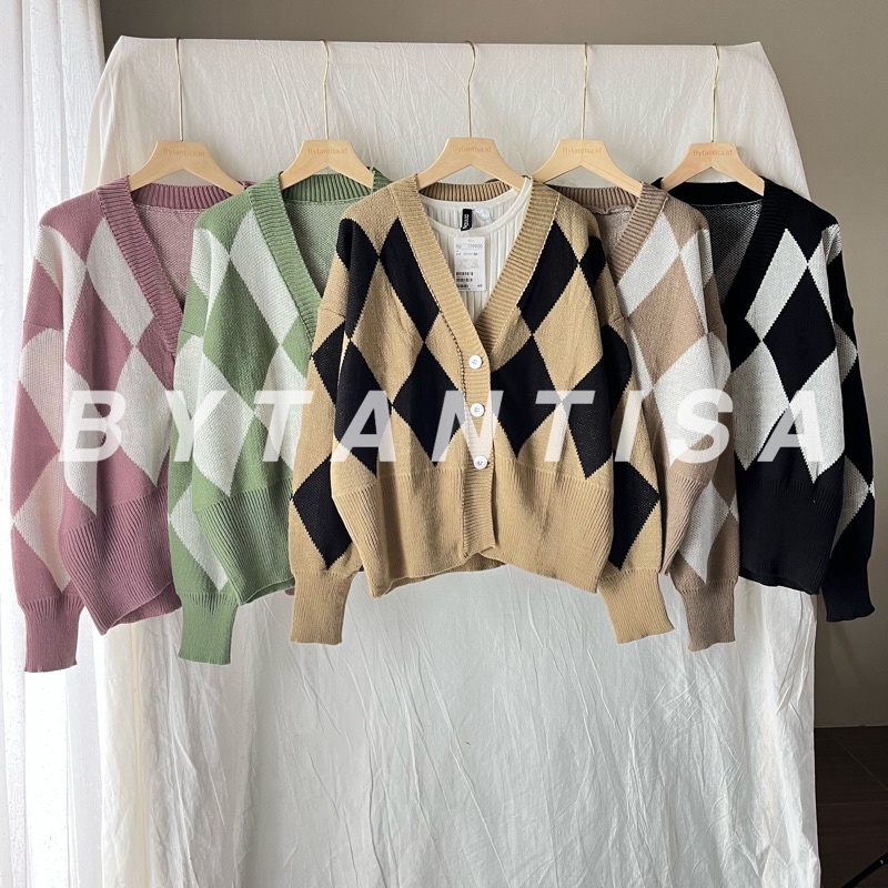 CARDIGAN RAJUT SWEATER MOTIF KOTAK GEOMETRI KETUPAT BAHAN KNIT PREMIUM KANCING