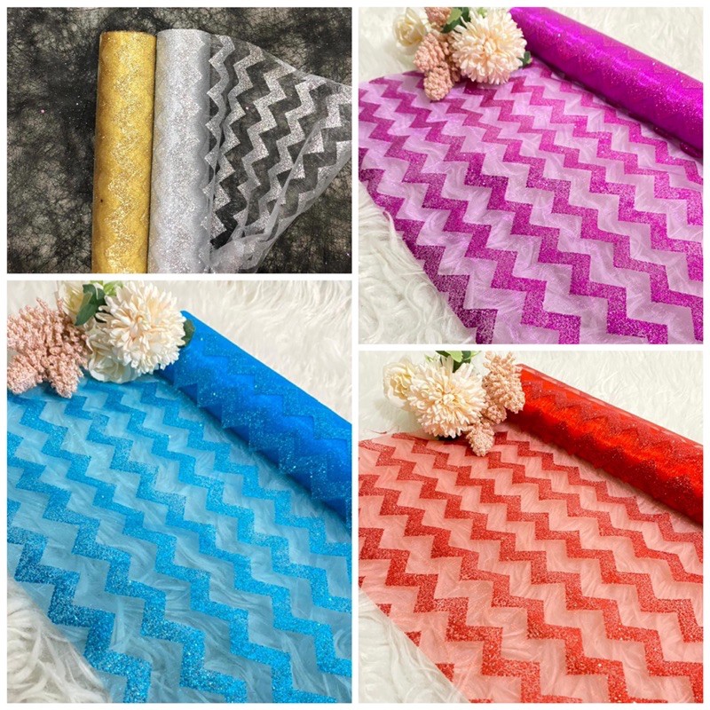 ( Rol 5 Yard ) POLINET GAUZE - SNOW DOTS TILE / PEARL SNOW YARD - FLOWER WRAPPING KAIN SALJU POLOS ZIG ZAG MOTIF - KERTAS RANGKAIAN BUKET BUNGA