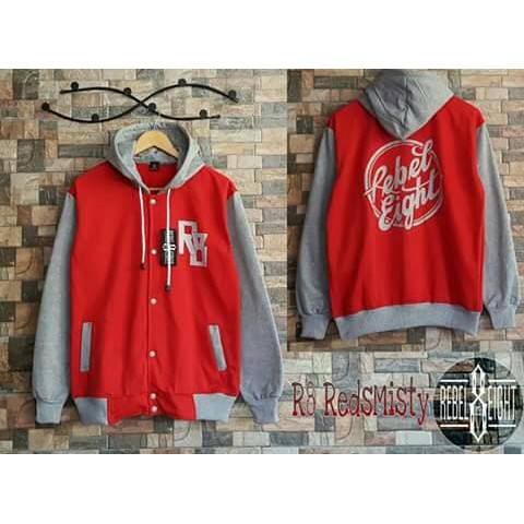 JAKET HOODIE SWEATER R8 REBEL EIGHT MERAH COMBI ABU PREMIUM