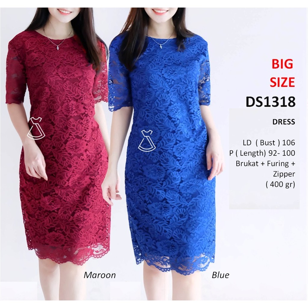 DS1318 - DRESS PESTA BRUKAT LACE MIDI SEPAN DRESS NATAL WANITA BIG SIZE