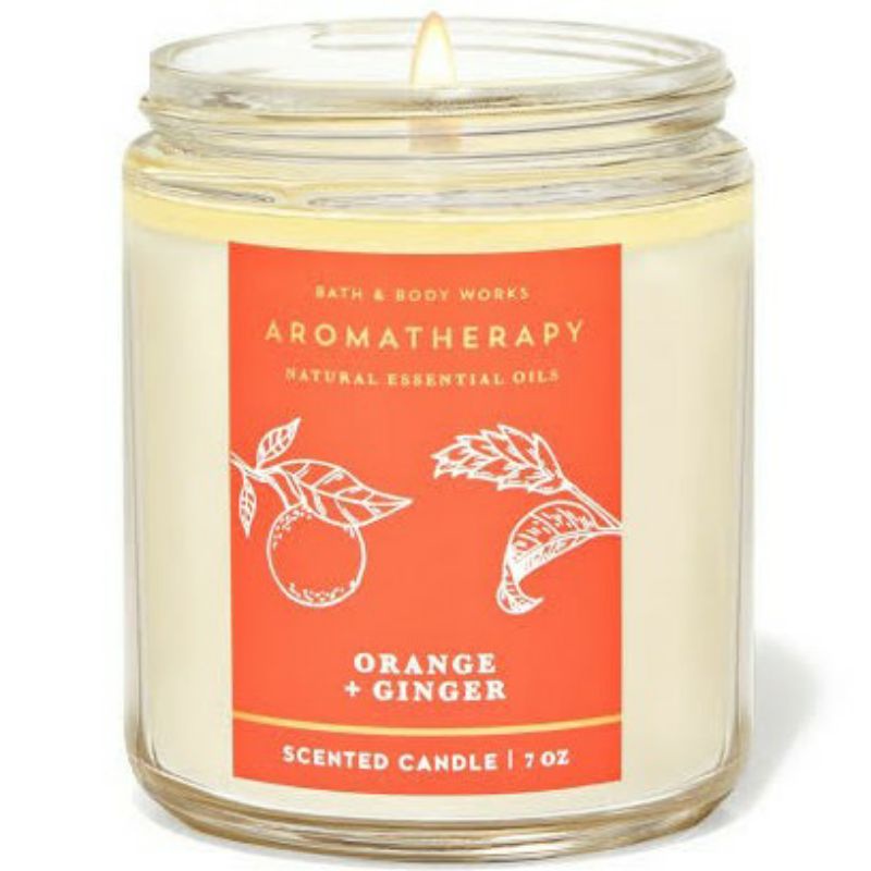 BATH &amp; BODY WORKS BBW AROMATHERAPY ENERGY ORANGE + GINGER MADE WITH ESSENTIAL OILS WHITE BARN 1 SINGLE WICK SCENTED CANDLE 198 G PENGHARUM RUANGAN