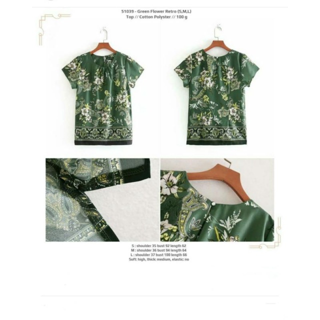 Blouse hijau motif bunga bunga lengan pendek klasik