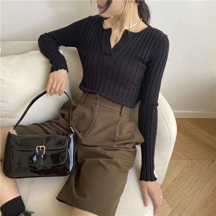 #Sisjuly# Wanita musim semi Perancis licik setengah terbuka dada v-neck slim fit sweater rajutan kem