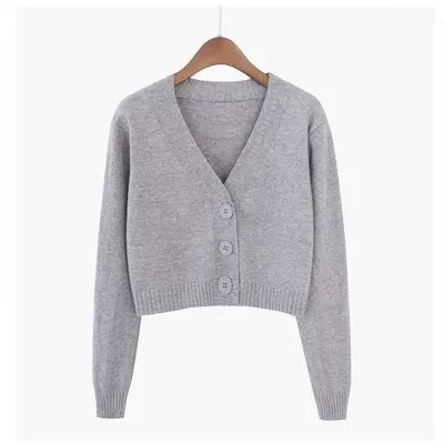 Bailey / Bianca Crop Cardi - Kardigan  Rajut Kombinasi Kancing-Abu Muda