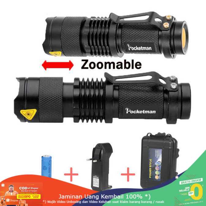 (BISA COD) RVOSTR LED Senter LED 2000 Lumens Waterproof + Charger + Box Pocketman P1