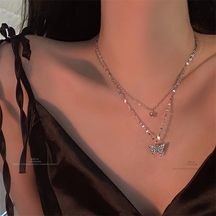 Kalung choker double Layer Aksen Kupu-Kupu Berlian