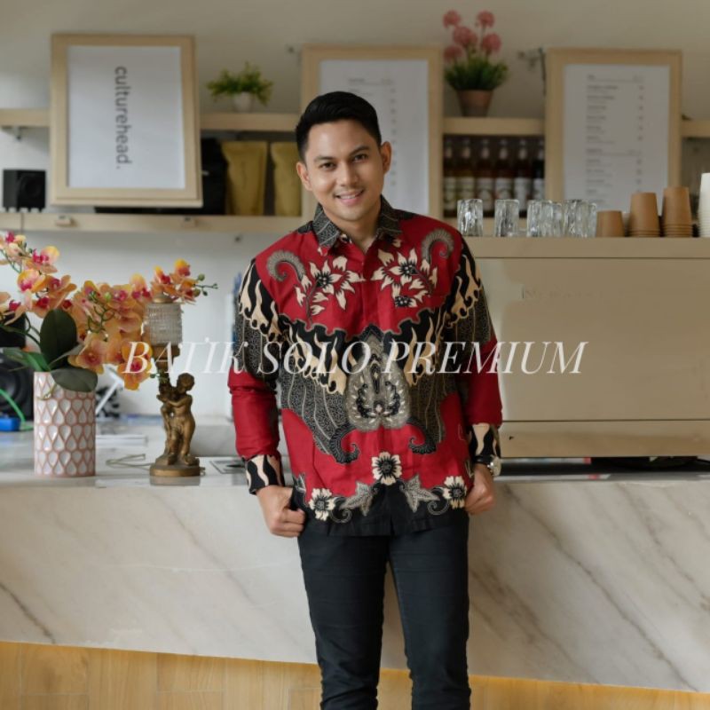 Sengkuyung Merah Kemeja Batik Pria Lengan Panjang Premium