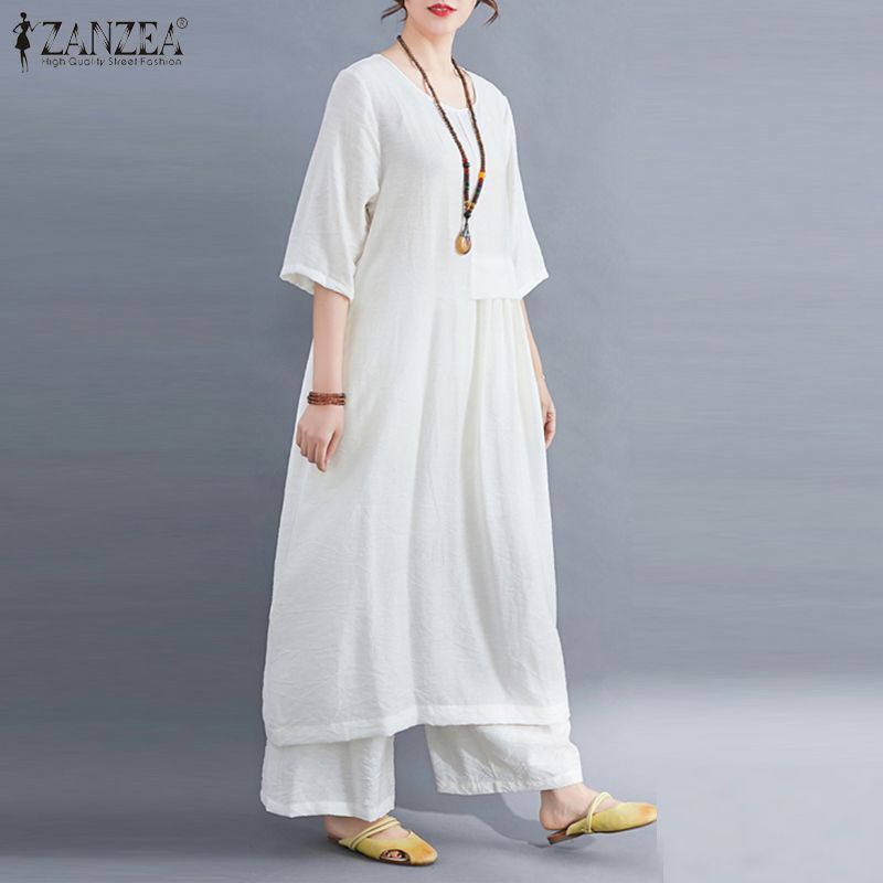 ZANZEA Gaun Maxi Vintage Wanita, Gaun Kaus Kaftan Lengan 3/4 Liburan Panjang Polos