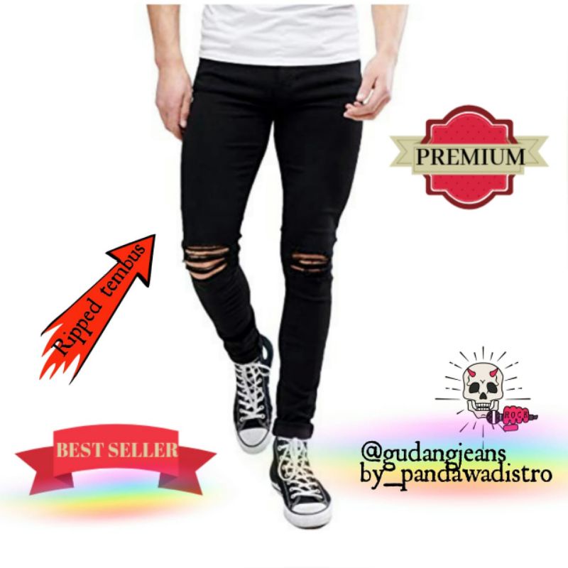 CELANA SOBEK PRIA RIPPED JEANS ROBEK SLIMFIT PENSIL SKINNY STRETCH  HITAM PREMIUM 27-38