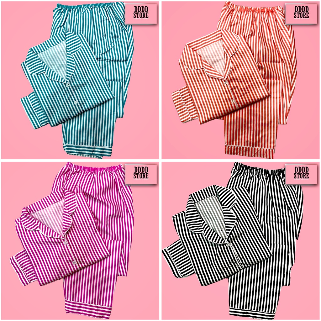 SETELAN PIYAMA / BAJU TIDUR WANITA LENGAN PANJANG MOTIF SALUR KEKINIAN PP