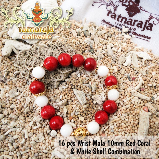 Gelang Batu/ Wrist Mala 10 mm Mala Red Coral &amp; White Shell Combination