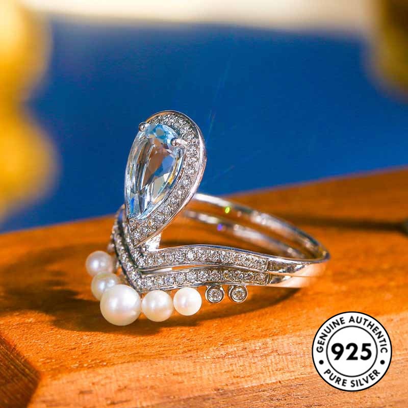 Cincin Sterling Silver 925 Model Mahkota Dengan Berlian Aquamarine Untuk Wanita