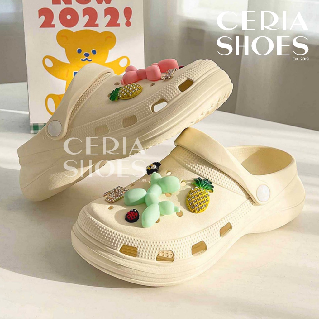 EVA Sandal Slop Wanita Bahan Karet Spons EVA Import Korean Super Empuk Ringan Elastis Tebal 5 Cm Jibbitz Ballons Non-Slip Sole Summer Sandals