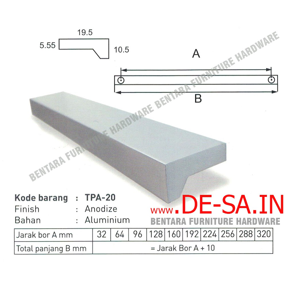 Huben TPA-20 32 MM Tarikan Laci Meja Lemari Kabinet Gagang Pintu Handle Aluminium Anodize Minimalis Modern (Sekitar 3 - 4 cm )