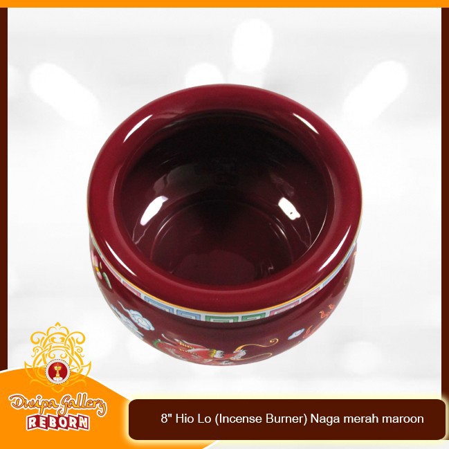 Tempat dupa Keramik 8&quot; Hio Lo (Incense Burner) Naga merah maroon