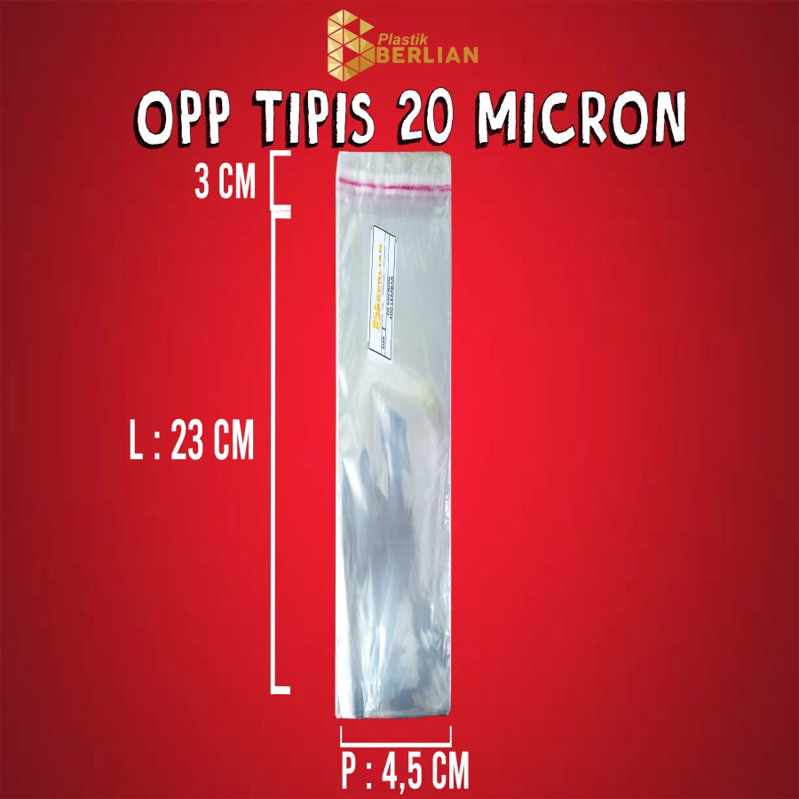 

4,5 x 23 cm Plastik OPP TIPIS (100 lbr) (lem/seal)