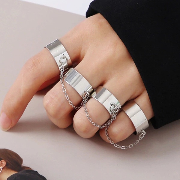 Fashion Simple Punk Style Geometry Chain Link Multiple Finger Adjustable Opening Rings