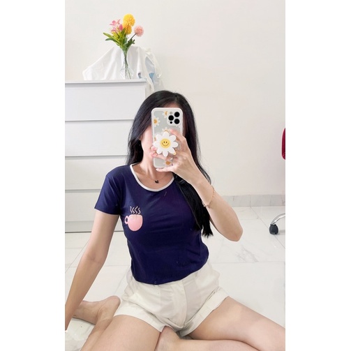 kaos crop list wanita murah , atasan croptop polos leher list logo cuptea wanita import murah