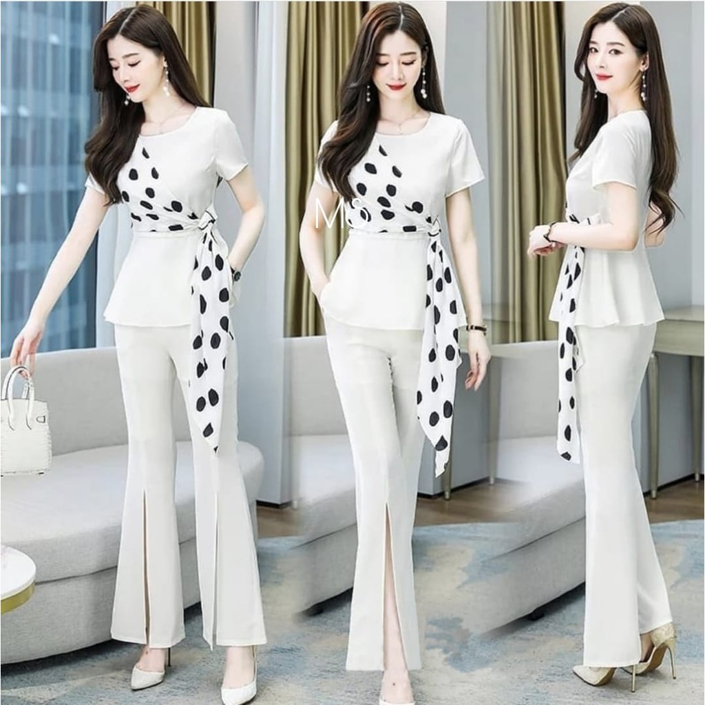 ST JACQUELINE / SETELAN JACQUELINE MOSCREPE / 2IN1 / SETELAN WANITA KOREAN STYLE / BAJU POLKA WANITA