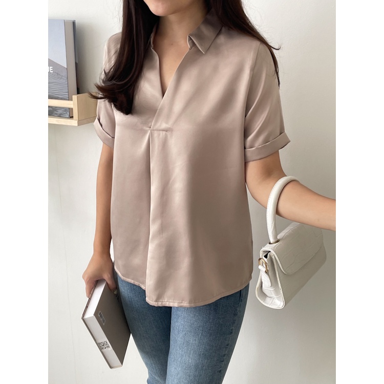 T-0456 Blouse Satin Premium Tangan Pendek Kerah Top Atasan Wanita