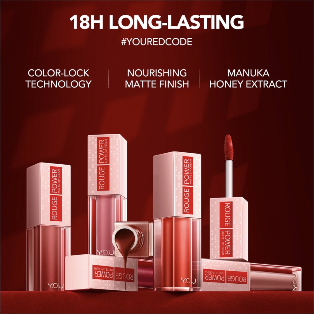 YOU Rouge Power Matte Lip Cream Matte Finish, Tahan Lama, Nourishing, with Manuka Honey