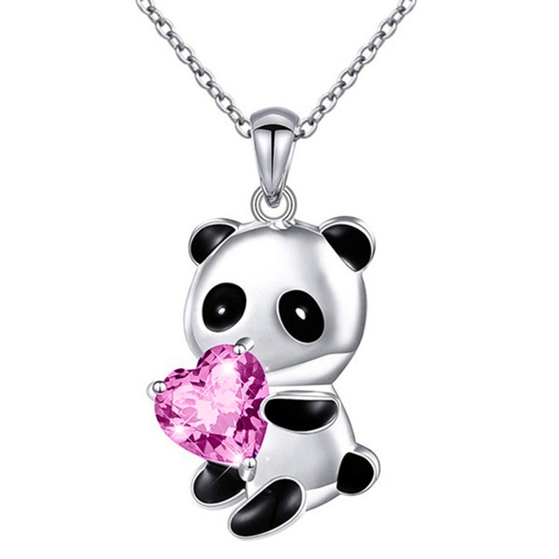 Kalung Rantai Liontin Panda Hati Aksen Berlian Warna Silver Untuk Aksesoris Sweater