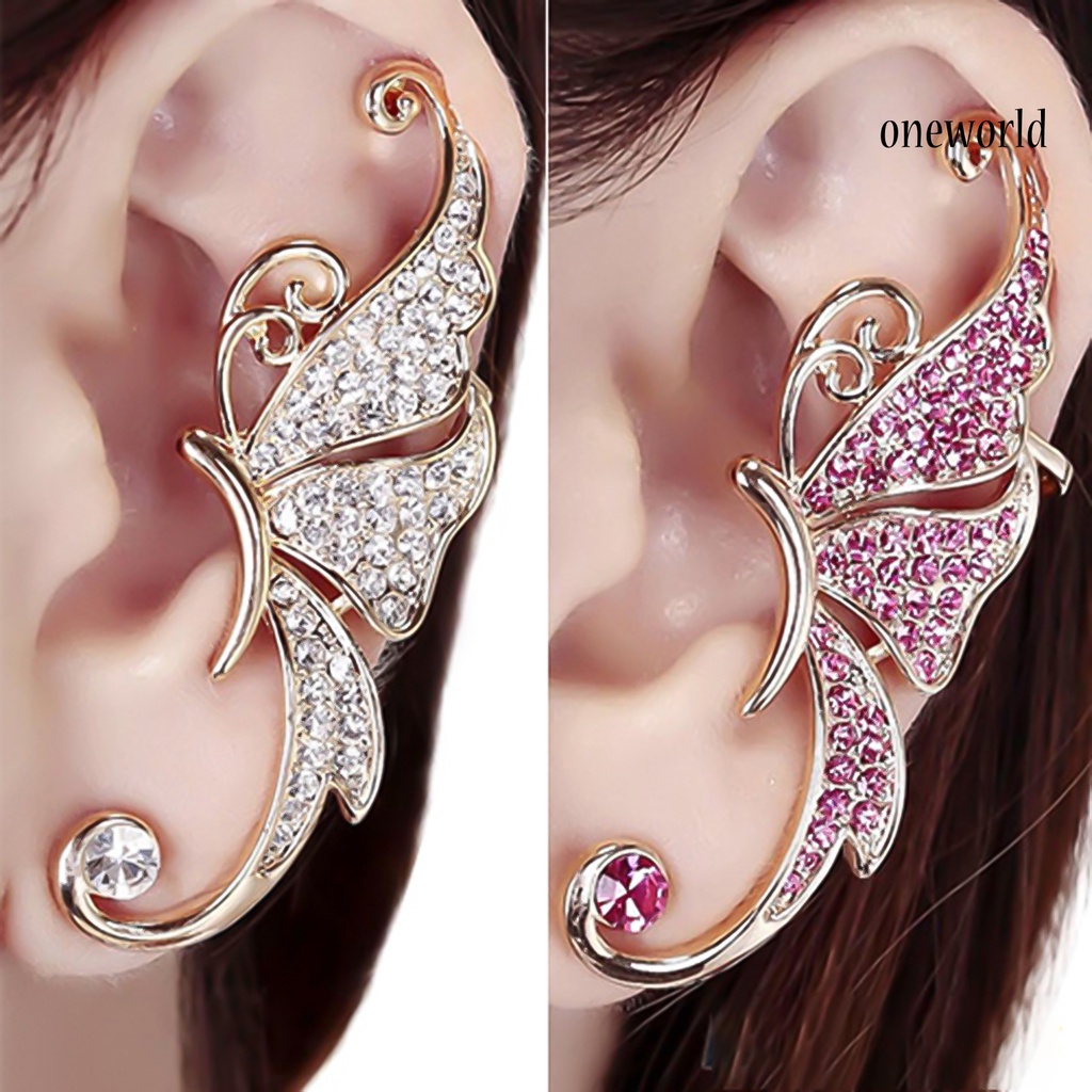 OW@ 1Pc Ear Cuff Butterfly Wing Shape Rhinestone Inlaid Women Fashion Wrap Earring for Party