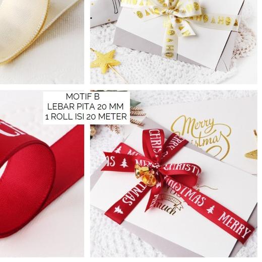 

✬ Pita kado Natal Merry Christmas Hampers Ribbon Merah Putih Emas 1roll - MOTIF A 15MM ❇