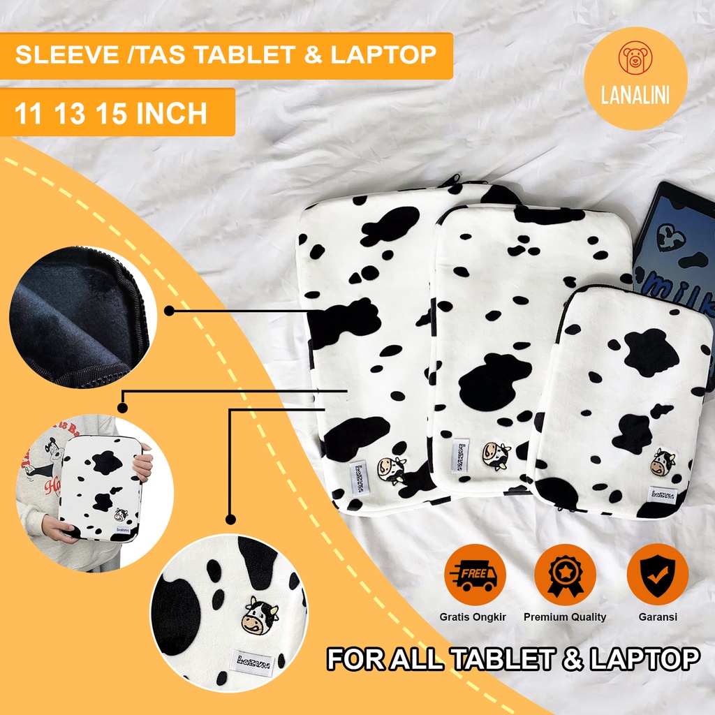 Sleeve Pouch Sarung Tas Bag Case Ipad Tab Tablet Macbook Air Pro Laptop Asus Acer Lenovo HP Huawei 11 12 13 14 15 inch Motif Gambar Sapi Cow Milk Warna Hitam Putih Lucu Cute Murah Korean Model