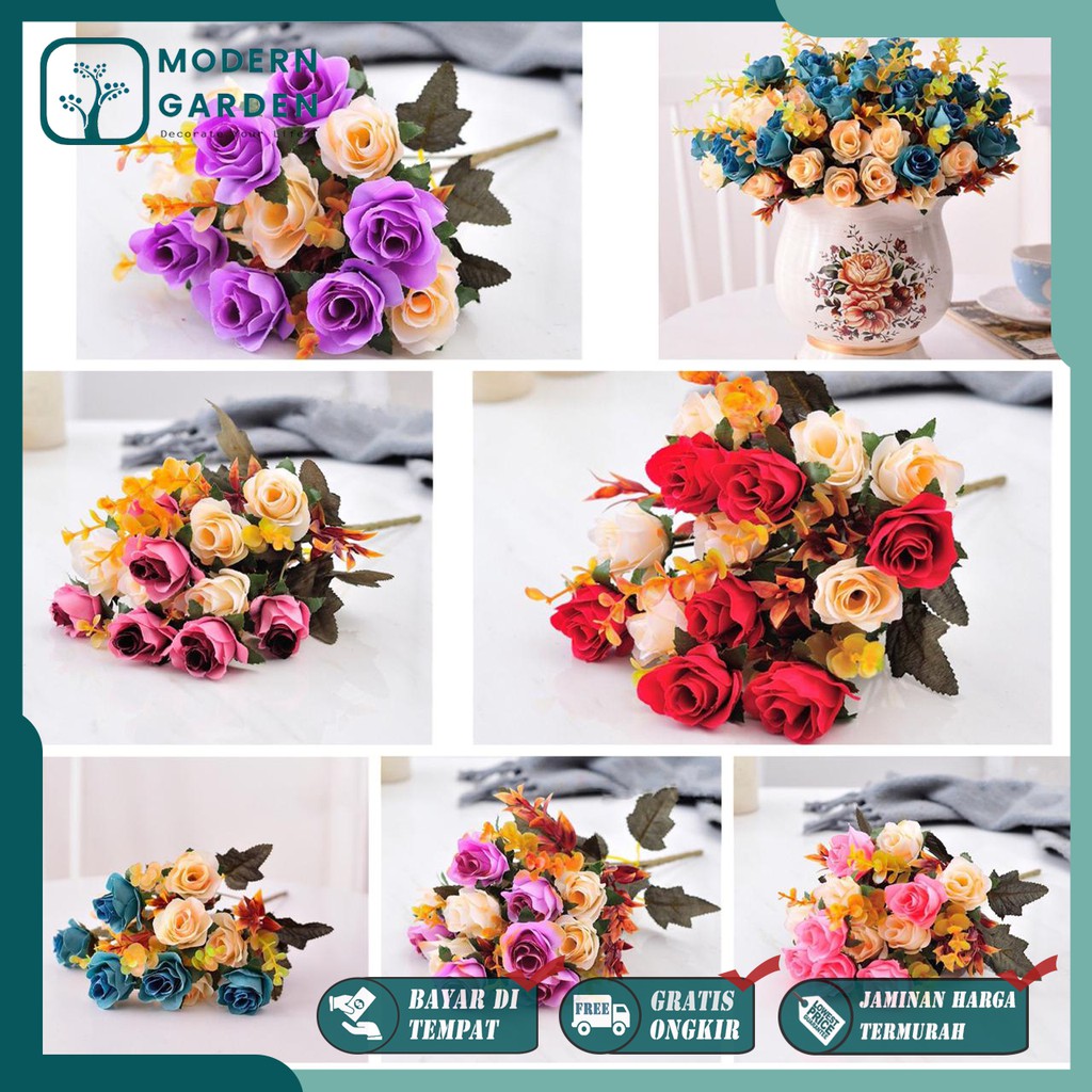Bunga Mawar Dekorasi BT9004 Bahan Plastik (1 Buket 10 Kuntum Bunga)