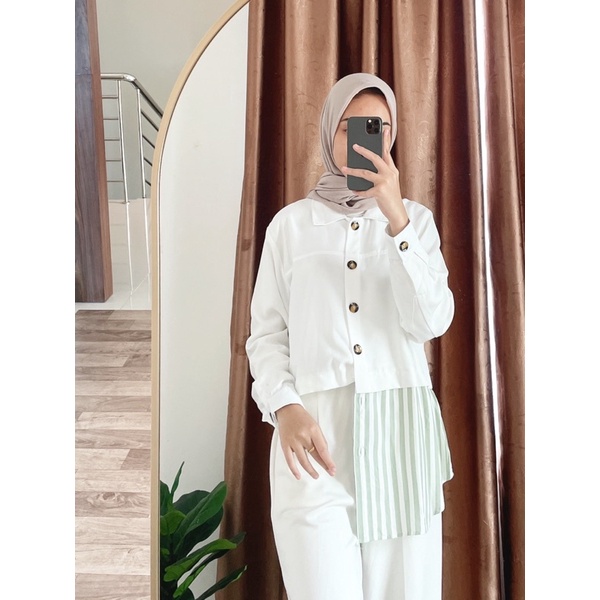 JISOO BASIC Bigsize (Ld 110 Pjg 72) - Atasan Kemeja Cobin Garis Oversize