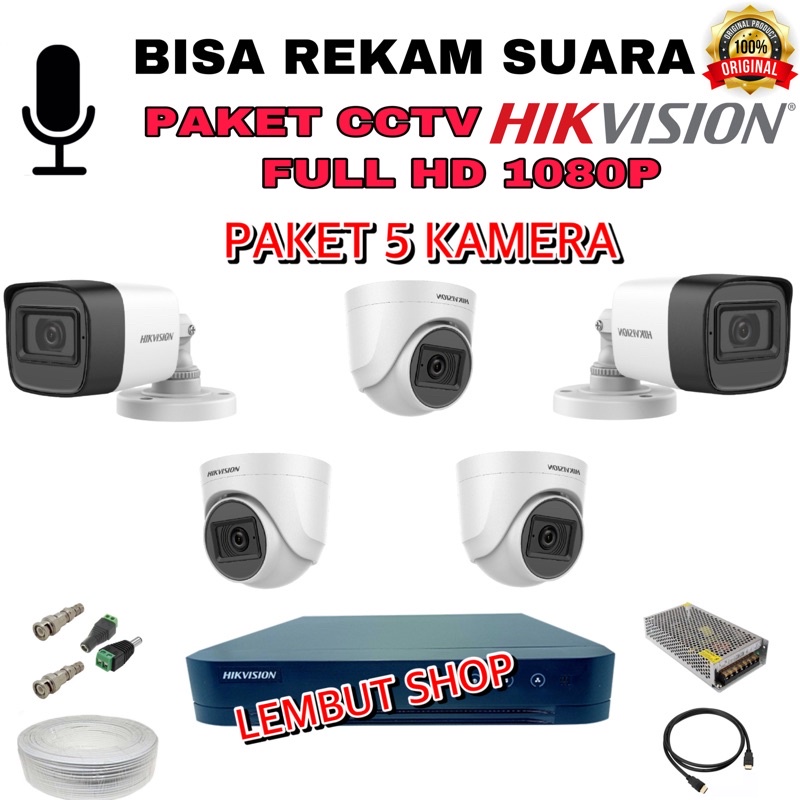 (audio) Promo paket camera cctv 5 kamera hikvision 2mp audio built in mic 1080p 8 channel ch bisa rekam suara 8ch 8channel 2 mp megapixel original murah