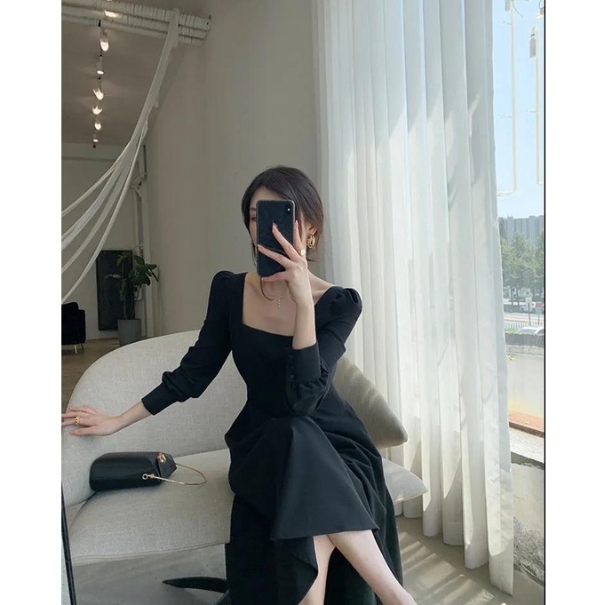 Dress Maxi A-line Guan Lengan Panjang Hitam Fashion Wanita Korean Retro Style