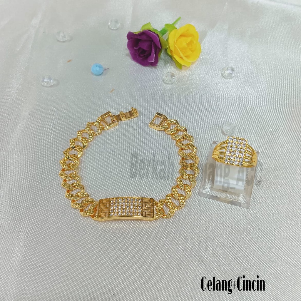 GELANG+CINCIN PERMATA KOTAK SISI UKIR SUPER ELEGAN KOREA PERHIASAN ANTI KARAT DAN ANTI LUNTUR