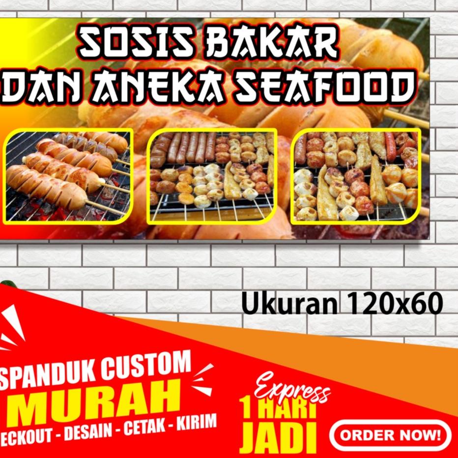 Terbaru.. Banner Sosis Bakar Aneka Sate Seafood, Spanduk Sosis Bakar Aneka Sate Seafood, 120x60 cm, 