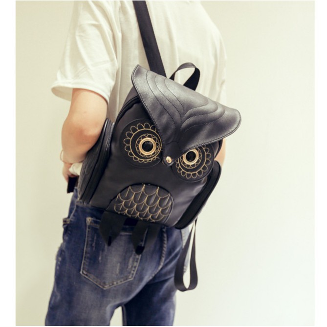 TAS RANSEL BACKPACK WANITA OWLIE TA067B5 HITAM BURUNG HANTU KULIT KULIAH SEKOLAH KERJA IMPORT KOREA