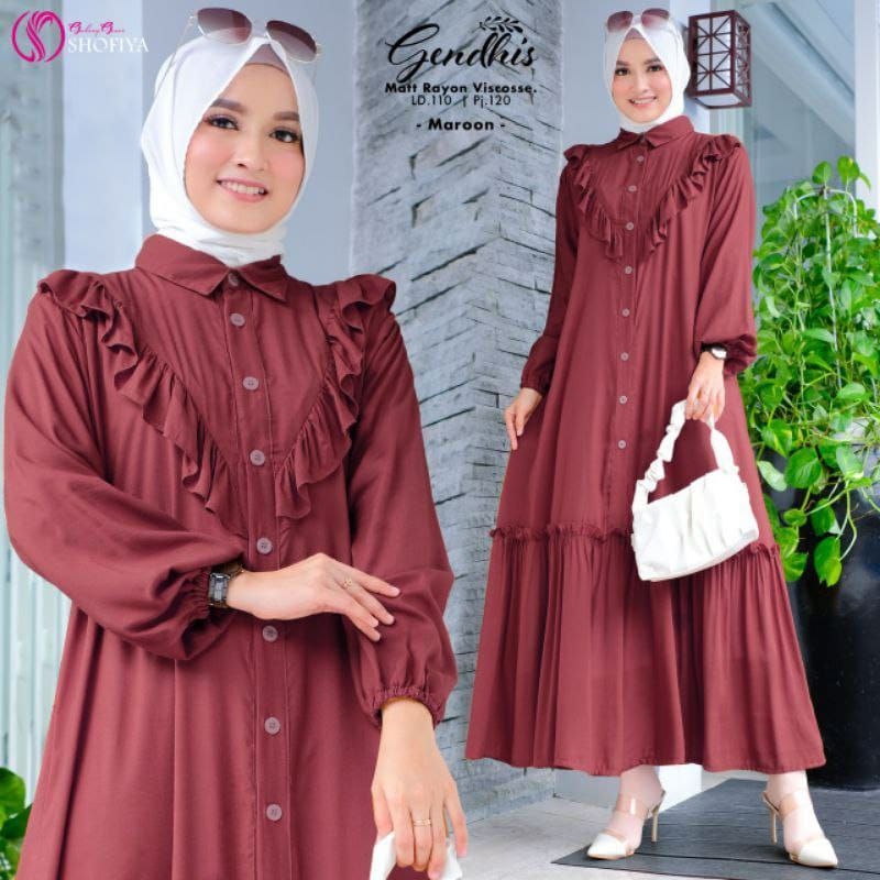 Gamis Terbaru Gendhis Shofiya Rayon Premium Dress Wanita Kerah Peterpan Longdress Rempel Full Kancing LD 115 cm