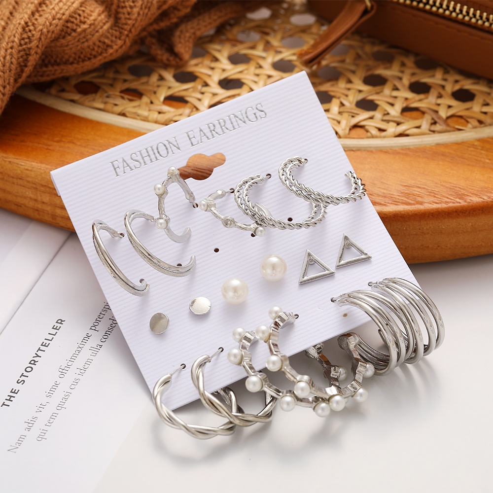 9 Pairs/set Pearl Earrings Set Simple Silver Around Stud Earring Women Jewelry Fashion Accessories