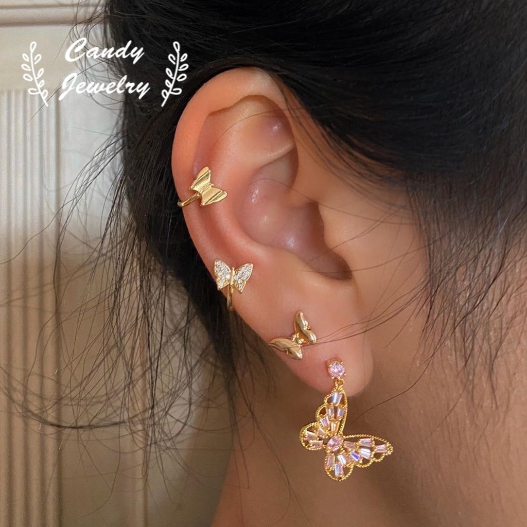 4pcs / Set Anting Giwang Metal Model Kupu-Kupu Dengan Berlian Imitasi Warna Permen Untuk Wanita