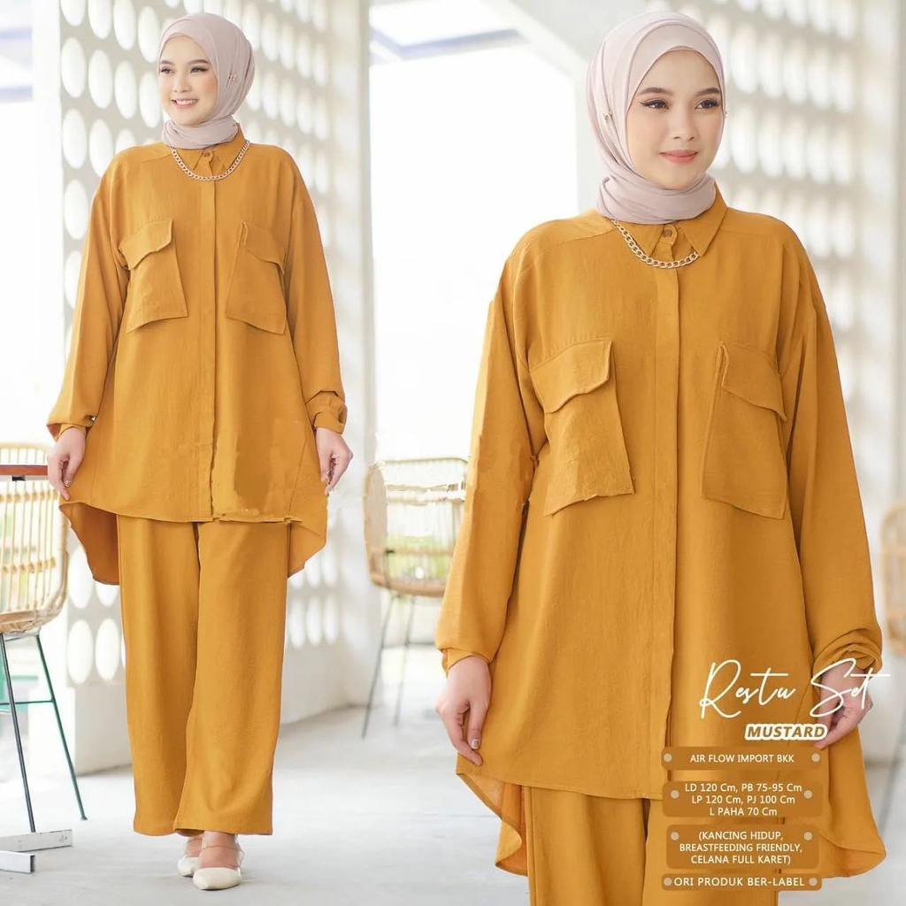 Stelan Kemeja Jumbo / One Set Hijab Atasan Kemeja Poket Depan Plus Celana Model Viral / Kemeja Set Oversize Daily Hijab Simple /   Outfit Gaya Korea One Set Setelan Wanita Korean Style Baju Wanita ala Selebgram Paket Ootd Hemat Fashionable  / RESTU SET