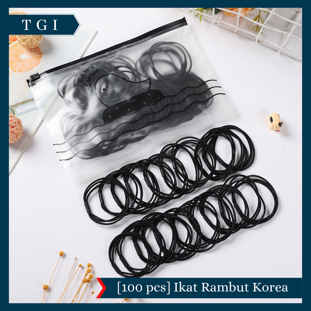 TGI - [100 PCS] IKAT RAMBUT KOREA MURAH FREE TAS ZIP LOCK | IKAT KARET RAMBUT ELASTIS WARNA POLOS