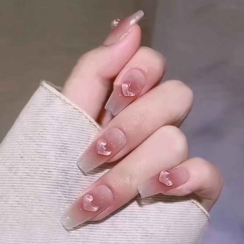 24pcs / Kotak Kuku Palsu Panjang Warna Pink Peach Untuk Dekorasi Nail Art