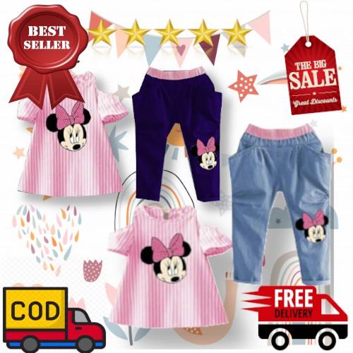 VISION ONLINE-STRIPY MINNIE PINKY/BAJU ANAK PEREMPUAN 1-4 TAHUN MURAH/ SATU SET BAJU DAN CELANA ANAK