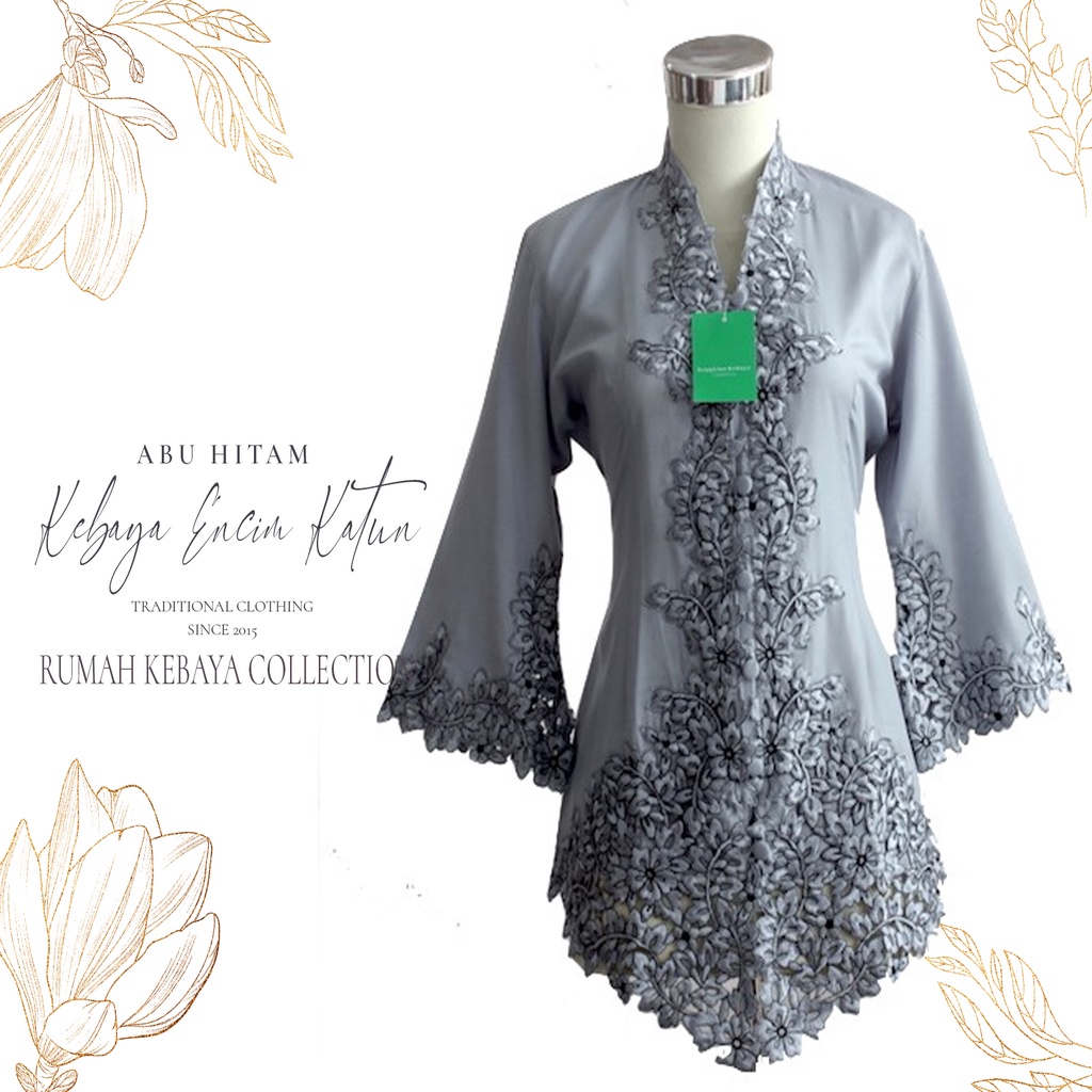 Kebaya Encim Kartini Katun Bordir Modern Abu Hitam Lengan Panjang Lonceng